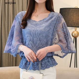 wei Womens Chiffon Blouse Lace Shirt Slim Casual Blouses Half Sleeve Women Midi Top ie