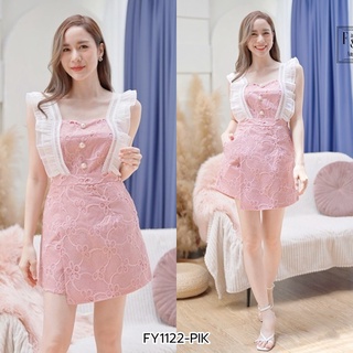 (S-XL) จั้มสูทสั้นสายเดี่ยวระบาย ป้ายหน้า สีชมพู IFY1122