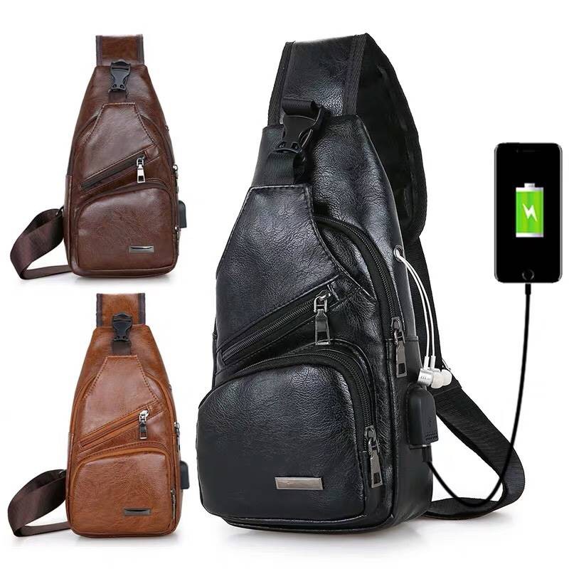 NAMCHA SHOP กระเป๋าสะพายไหล่ กระเป๋าคาดอก แบบหนัง สไตล์เกาหลี มีช่องเสียบชาร์ทโทรศัพท์ B78