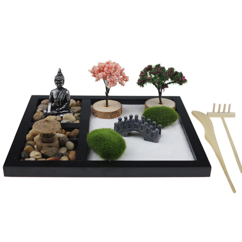 ✈Home Decoration Buddha Zen Sand Table Garden Micro Landscape Buddha Statue Garden Sand Table Resin Crafts Home Meditati
