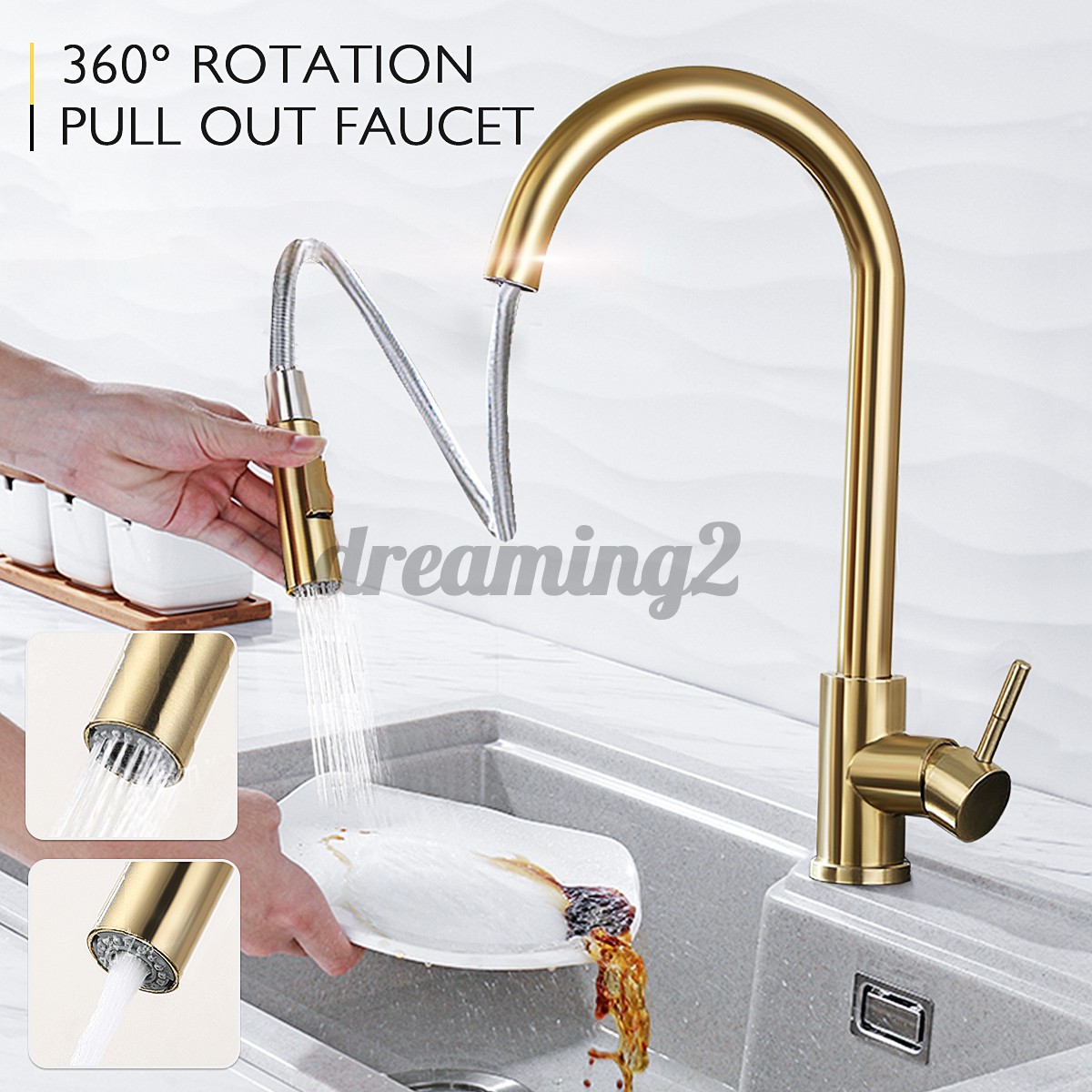 Brushed Gold Kitchen Faucet Pull Out Water Tap Single Handle Mixer Tap 360 Rotat w0Nz ...