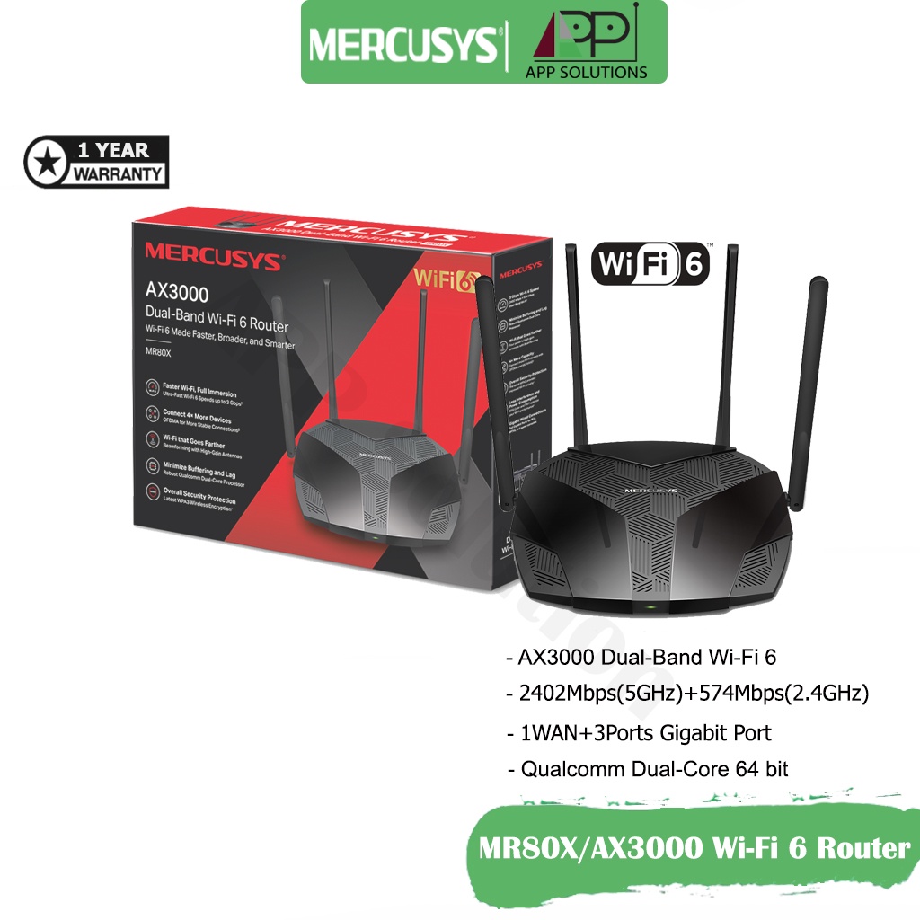 💥Free CAT6💥Mercusys Router Gigabit WiFi6 AX3000 Wireless Dual Band รุ่นMR80X(รับประกัน1ปี)