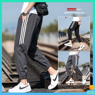 กางเกงพละ กางเกงวอร์มผ้าร่ม กางเกง Sports Pants Mens Summer Ice Silk Trousers Trousers เทรนด์ Fast Dry Dry Loose Beam Workers เก้า -Point Mens Pants