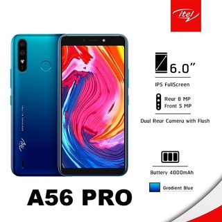 Itel A56 Pro(2/32GB) สีน้ำเงิน จอใหญ่ 6.0" แบต 4000 mAh กล้อง 8MP+AI พร้อมสแกนลายนิ้วมือ (รับประกันศูนย์ไทย 1 ปี)