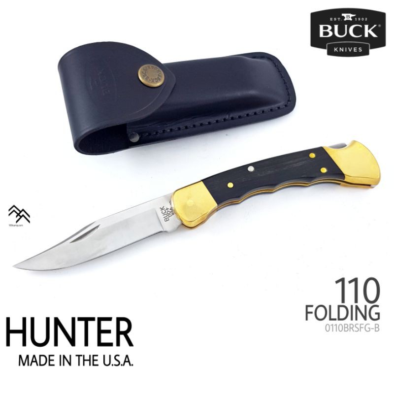มีด BUCK รุ่น 110 Folding Hunter® ของแท้ (110BRSFG-B) แบบด้ามมีร่องนิ้ว แก้มไม้มะเกลือ มาพร้อมกระเป๋าหนังแท้ ผลิต U.S.A.