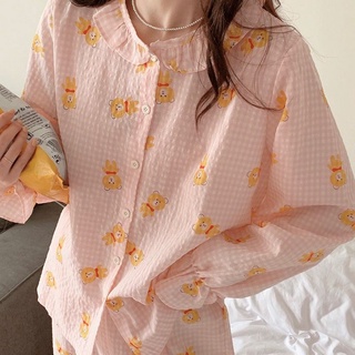 Baju Tidur Wanita Sweet Baku Tidur Wanita ชุดนอนแขนยาว พลัสไซซ์ คอตุ๊กตา ลายสก๊อต หมีน่ารัก สําหรับผู้หญิง