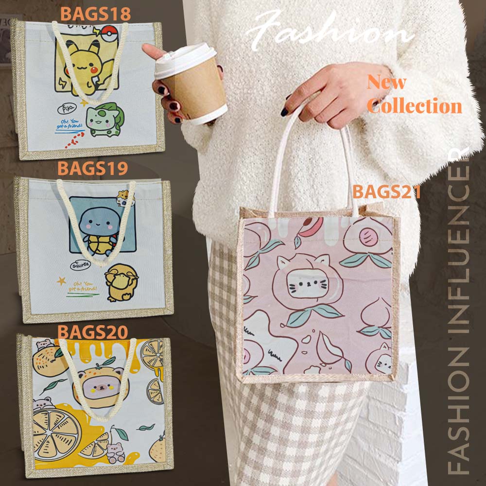 กระเป๋าถือ BAGS19 ผ้ากระสอบ ลายการ์ตูนใบเล็กน่ารัก สไตล์เกาหลีญี่ปุ่น สำหรับผู้หญิง Tote Bag