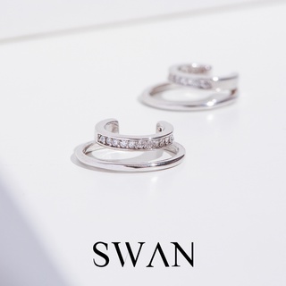 SWAN - Double Line Cuff ต่างหูหนีบเงินแท้ คล้องหู ไม่ต้องเจาะ ฝังเพชรคิวบิกเซอร์โคเนีย cubic zirconia