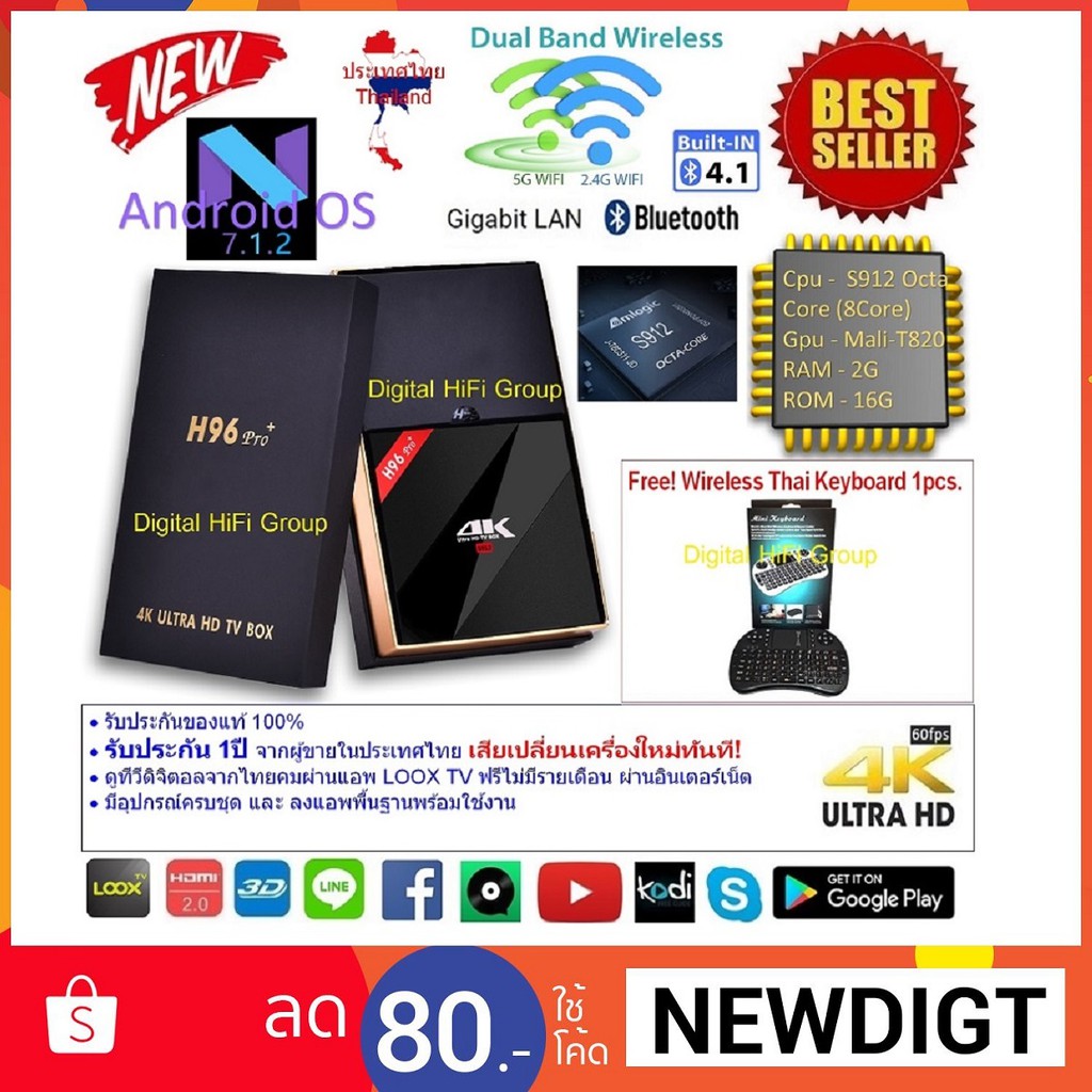 Android Box H96 Pro Octa Core Cpu S912 RAM 2G ROM 16G UHD 4K Android Nougat 7.1.2แถมฟรี Wireless Tha