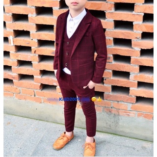 Dark Red Boy Suit สูท เด็ก ชุดเซท 3 ชิ้น สีแดงลายตาราง เสื้อนอก+เสื้อกั๊ก+กางเกง ขนาด 2 ปี ถึง 11 ปี