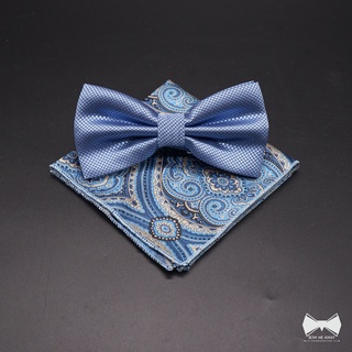 เซ็ทหูกระต่ายสีฟ้า + ผ้าเช็ดหน้าสูท-Blue Bowtie + Pocket square