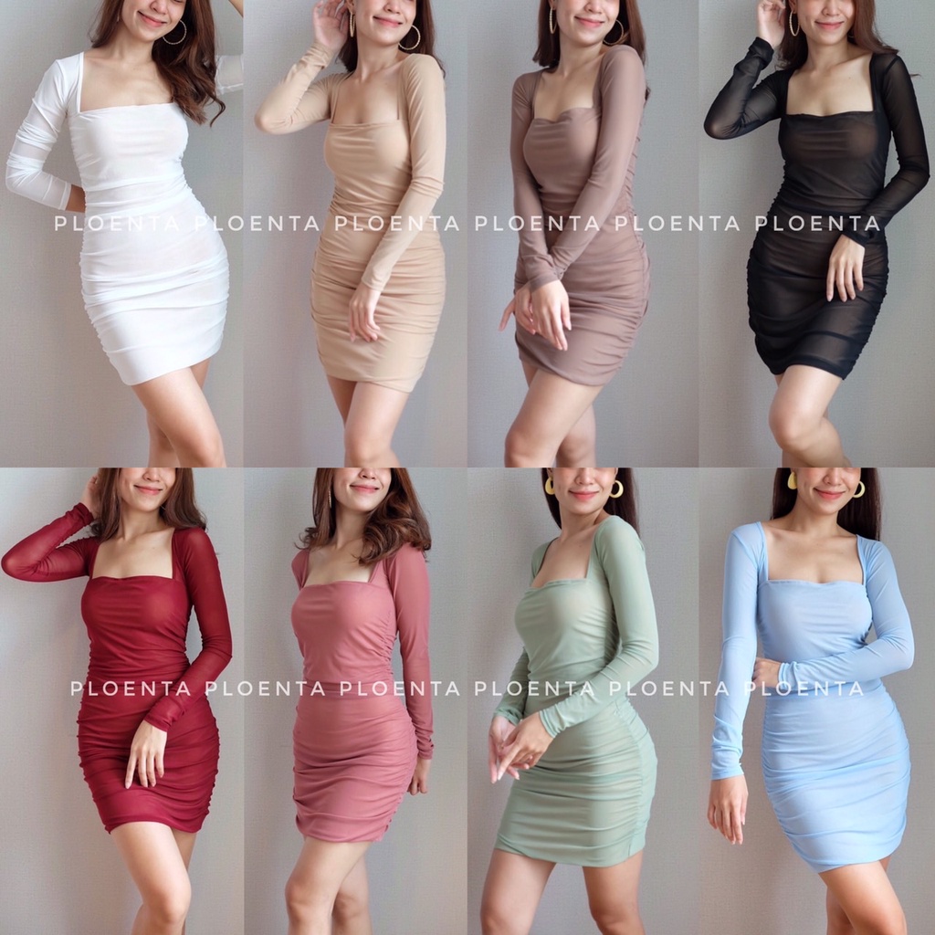 Mini Lana dress มินิเดรส เดรสสั้นคอเหลี่ยมแขนยาว ดีเทลเย็บย่นเบาๆ สีพื้น