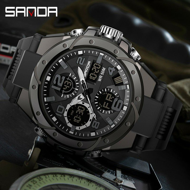สายเชือก SANDA 6008 นาฬิกาข้อมือผู้ชาย สายยางแบบแอนะล็อกดิจิตอล ...