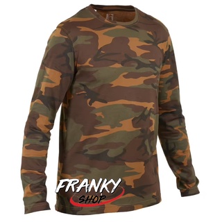 เสื้อยืดส่องสัตว์แขนยาวทำจากผ้าฝ้าย เสื้อส่องสัตว์ Mens Long-sleeved Cotton T-shirt 100 woodland camouflage