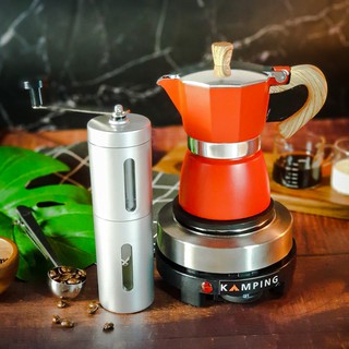 (red)ชุดกาต้มกาแฟ 3 คัพ + เตามินิ 500w+เครื่อบดเมล็ดกาแฟ พกพา