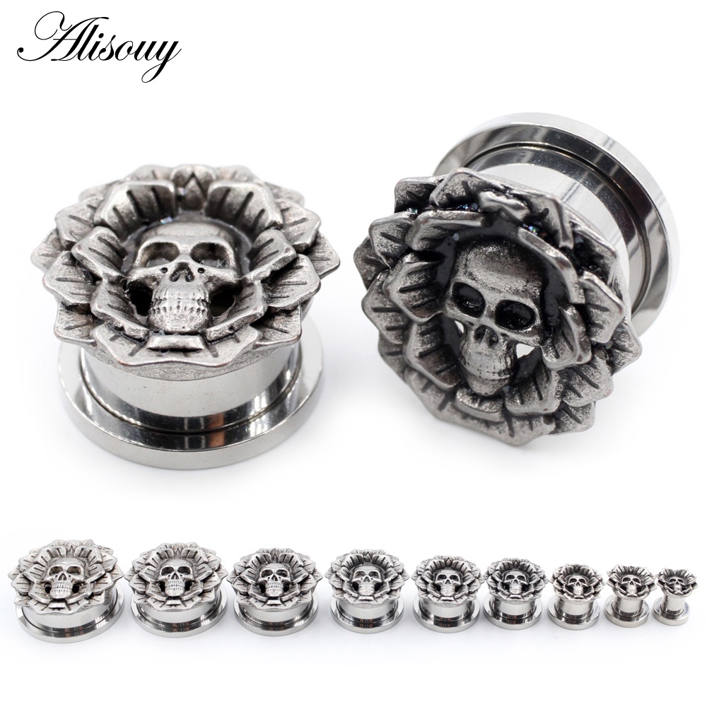 Alisouy 2 ชิ้น 6-25 มิลลิเมตร Retro สแตนเลส Skull ดอกไม้ คลายเกลียวหูอุโมงค์ปลั๊ก Expander Stretcher Gauges Body Piercing