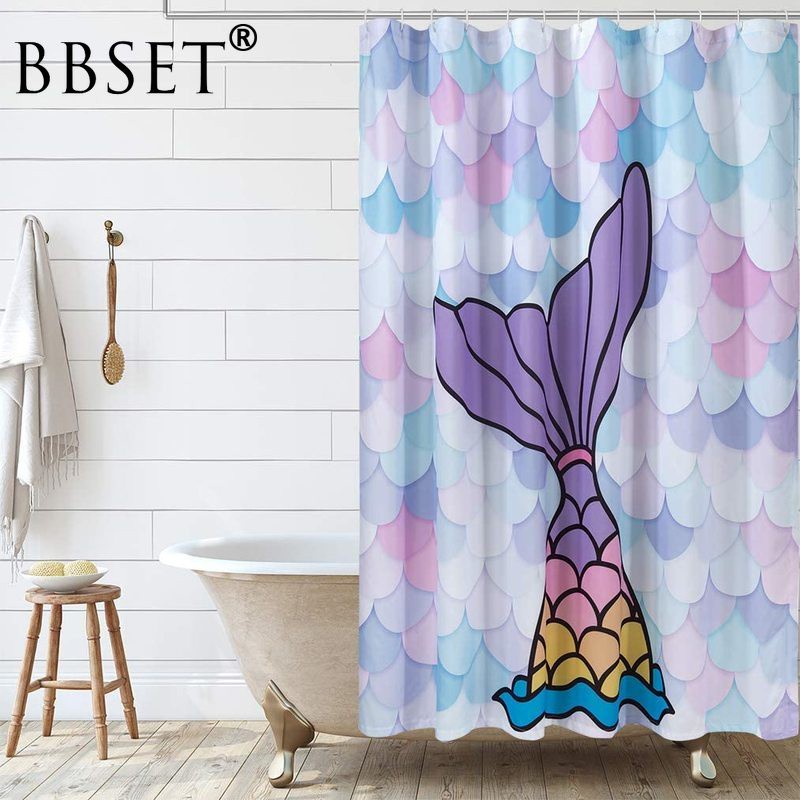 Cartoon Mermaid Shower Curtain Purple, Mermaid Shower Curtain Hooks