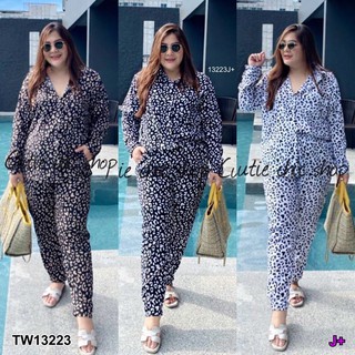 TwinsShopVip💗พร้อมส่ง TW13223 Set #BigSize เสื้อเชิ้ต+กางเกงขายาว ลายเสือ