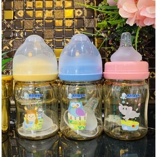 Newขวดนมคอกว้างสีชาATTOON 4zo.8zo.มาพร้อม จุกนมคุมการไหลมาตราฐานด้วยปริมาณรูป้องกันการเกิดโคลิค