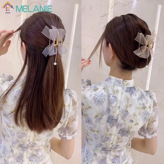 Women Korean Ins Style Mesh Lace Big Bow Pearl Tassel Pendant Alloy Hair Clip