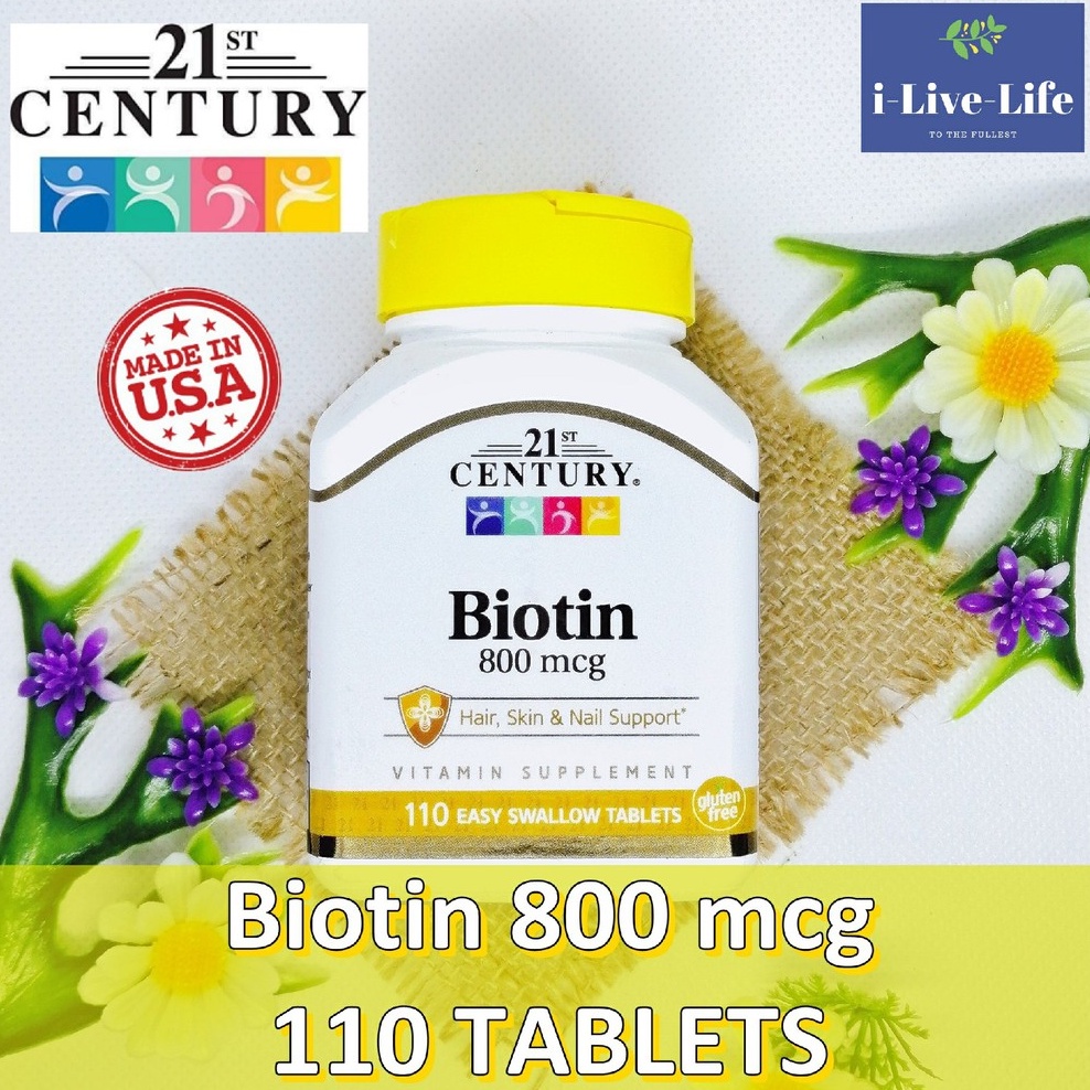 ไบโอติน Biotin 800 mcg 110 Easy Swallow Tablets - 21st Century