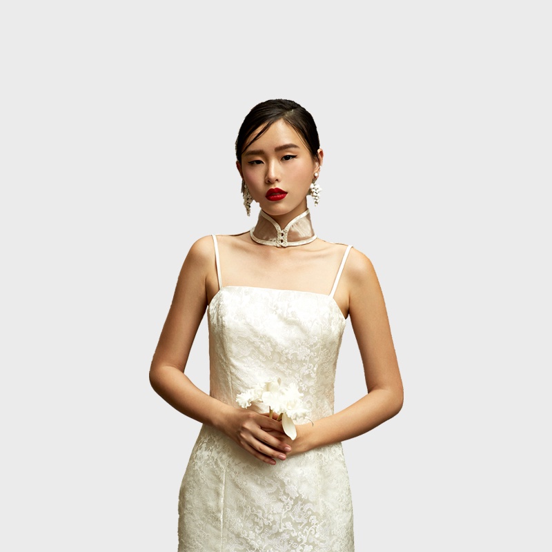 Susan Liao เดรสสายเดี่ยวผ้าไหมคอจีนผ้าออแกนซ่า