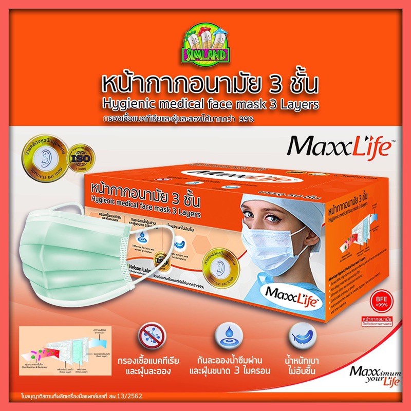 มีให้เลือกถึง 3สี สีเขียว-สีขาว-สีฟ้า หน้ากากอนามัยใช้ในทางการแพทย์ แมสไทย 3 ชั้น  Maxxlife 1กล่อง มี 50 ชิ้น