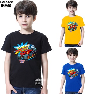 เสื้อยืดแขนสั้น ผ้าฝ้าย พิมพ์ลายการ์ตูนมอนสเตอร์ Blaze Cars แฟชั่นฤดูร้อน สําหรับเด็กผู้ชาย