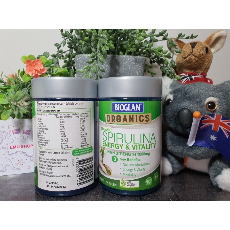 Bioglan Organic Spirulina 1000 mg สาหร่ายสไปรูลิน่า สาหร่ายเกลียวทอง จำนวน 200 เม็ด