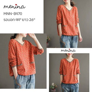 🌼M e n i n a🌼MNN-8470 Japan Cotton คอวีแต่งผ้ายืด ลายดอกเล็ก น่ารัก 2 กระเป๋า* ผ้าฝ้ายญี่ปุ่น ลายดอกเล็ก ๆ แต่งกระเป๋า