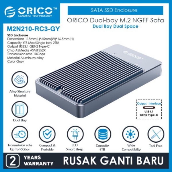 ORICO M2N210-RC3 Dual bay M.2 NGFF SATA SSD Enclosure Raid