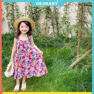 OKOBABY🌈พร้อมส่ง🌈ชุดเดรสสลิงเด็กผู้หญิง ลายดอกไม้ ยาว กระโปรงใหญ่ 1-6ปี