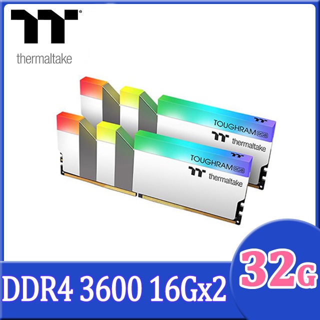 32GB (16GBx2) DDR4/3600 RAM PC (แรมพีซี) THERMALTAKE TOUGHRAM RGB WHITE (R022D416GX2-3600C18A)