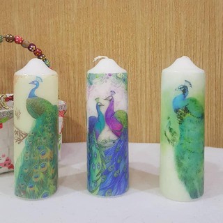 เทียนแท่ง ลาย นกยูง - Handmade unscented candle peacock design 2