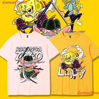 เสื้อยืดแขนสั้น เสื้อยืดอนิเมะAnime T-shirtSpongeBob SquarePants เสื้อยืดชาย Joint One Piece Tide ยี่ห้อ Anime One Piece