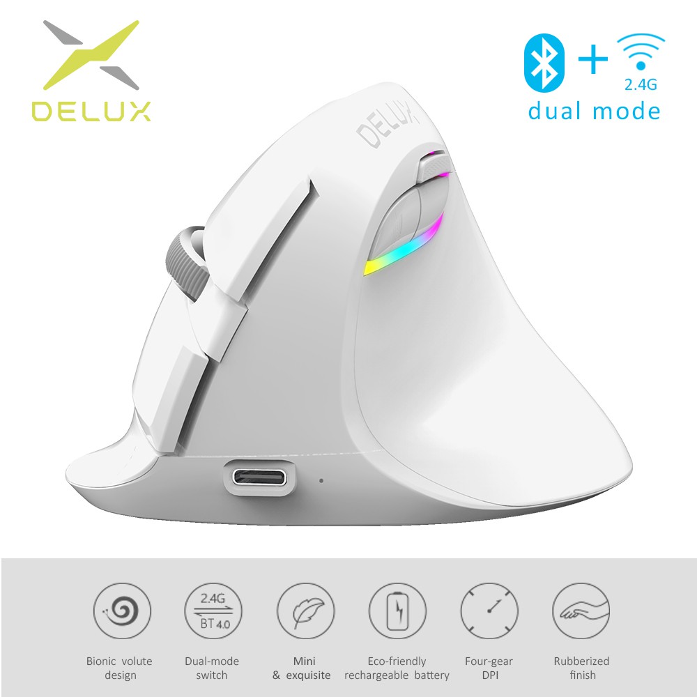 NORGBDelux M618 มินิไร้สายเมาส์สีขาวบลูทูธ 4.0 + 2.4GHz Dual mode Ergonomic ชาร์จเงียบคลิกแนวตั้งเม้าส์สําหรับ PC