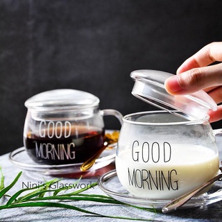 350ml Milk Mug Breakfast Cup Heat-Resistant Glass With Handle Microwave Mug Round Fun Single Cup White Letter With Round Lid