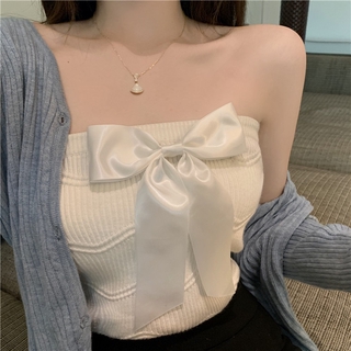 เสื้อครอปท็อป ผ้าถัก แบบบาง ประดับโบว์ ตัวสั้น สุดเซ็กซี่ เหมาะกับฤดูร้อน สําหรับผู้หญิง