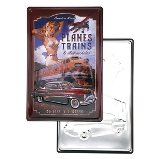 ป้ายสังกะสีวินเทจ Planes Trains Automobiles Pinup Girl (ปั๊มนูน), ขนาด 20x30 ซม.