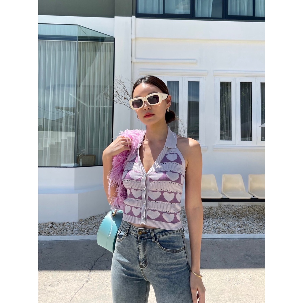 เสื้อครอปคอปกโปโล คล้องคอ ผ้า Knit