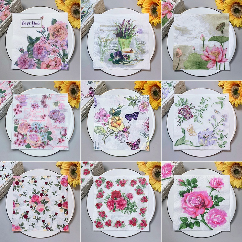 【21 สไตล์】กระดาษทิชชู่ ลายดอกไม้ ผีเสื้อ 20 ชิ้น สําหรับตกแต่งงานแต่งงาน ปาร์ตี้คริสต์มาส