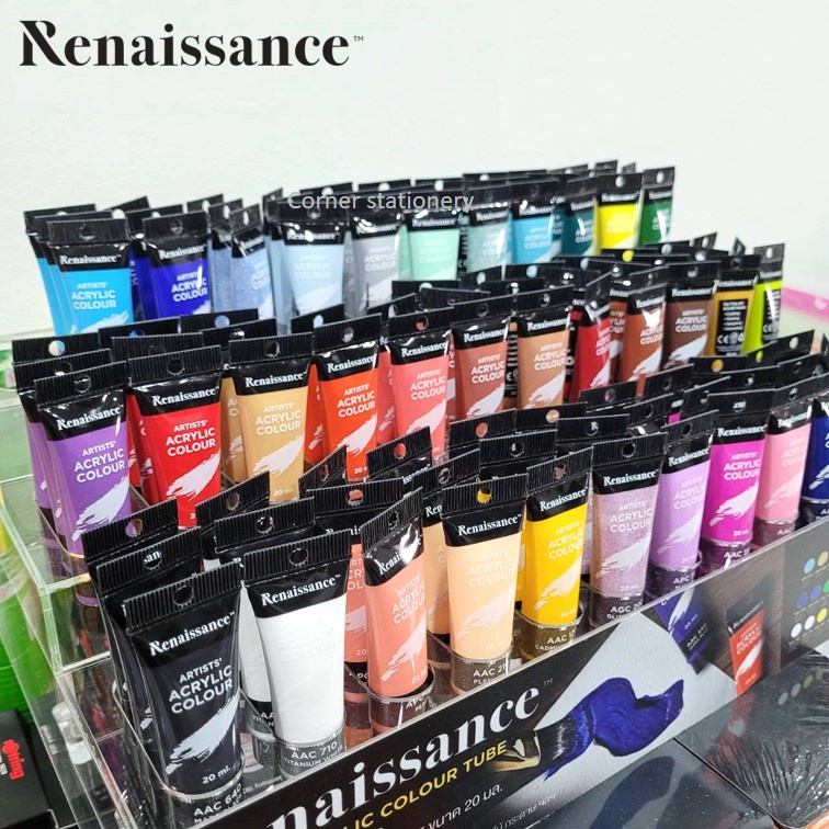 สีอะคริลิค renaissance 20 มล.แบบหลอดพลาสติก กันน้ำ ตราเรนาซองส์ มีหลายเฉดสี Metallic และ กากเพชร Glitter acrylic colour
