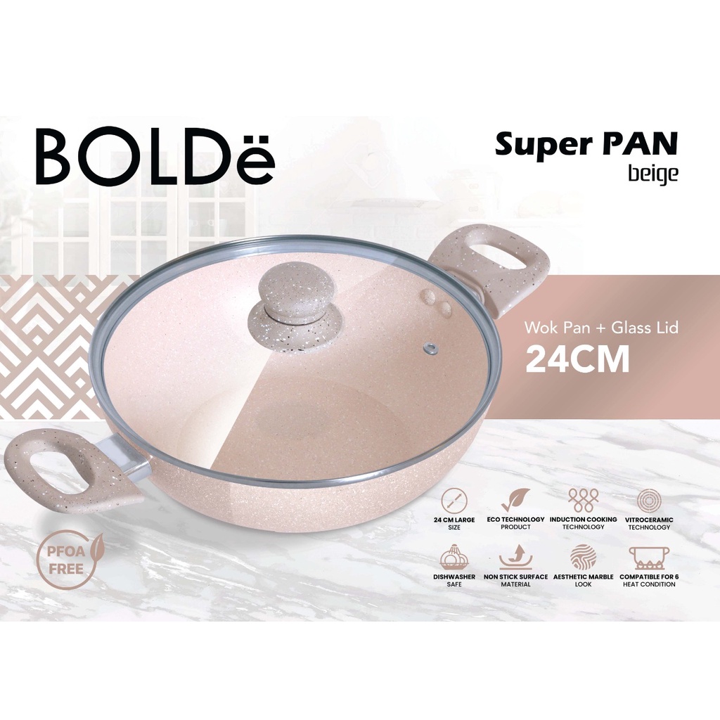 BOLDE SUPER PAN 2 EAR WOK/WAJAN 24 CM + GLASS LID BEIGE / NON-STICK / GRANITE MATERIAL