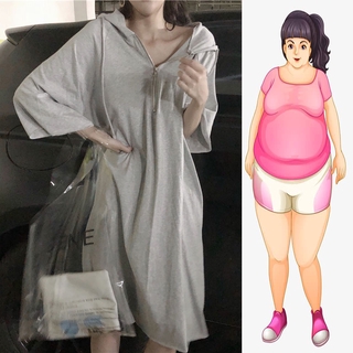 【Plus Size】ชุดแม็กซี่เดรส คอวี แขนสามส่วน มีฮู้ด ทรงหลวม สไตล์เกาหลี สําหรับผู้หญิง (40-150 กก.)