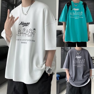 🔥พร้อมส่ง M-5XL🔥เสื้อยืดเกาหลี oversize แขนสั้นคอกลม แฟชั่นฤดูร้อนเสื้อลายการ์ตูนผู้ชาย ทรงหลวม สวมใส่สบาย