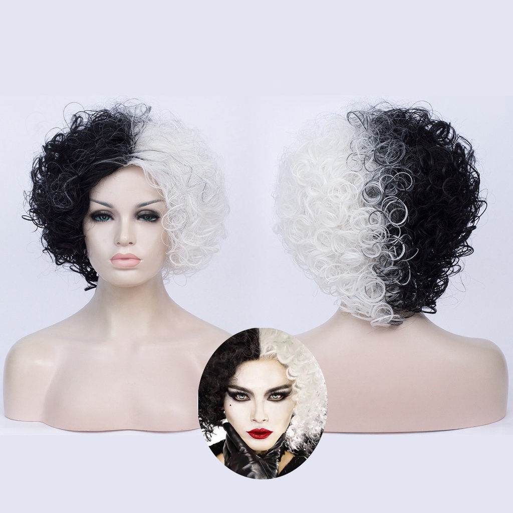 New Movie Cruella Wig Half Black And White Wigs For Costume Cosplay Women Girls Short Curly Hair Cute Wigs For Party Hal Shopee Thailand