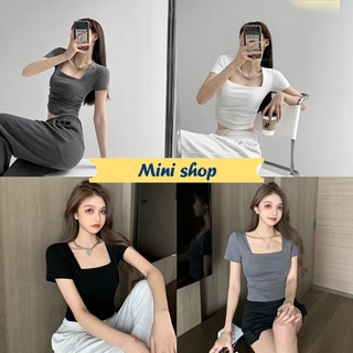 Mini shop🌸พร้อมส่ง🌸 (DX-6746-H) เสื้อยืดครอปแขนสั้น คอเหลี่ยม ผ้านิ่มลื่นใส่สบายสุดๆ