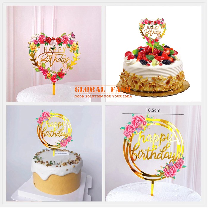 เค้ก Topper hbd ดอกไม้ / ตกแต่งเค้กอะคริลิค HBD ดอกไม้ / ท็อปเปอร์เค้ก HBD