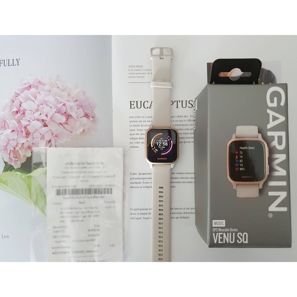 นาฬิกา​ Garmin Venu Sq Music มือสอง​ มีประกัน ของแถม realme USED LIKE NEW Light Sand Rose Gold MP3 Pulse Ox Smart Watch​