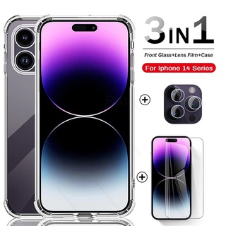 1Set Air-bag Soft Cover Clear Case + Screen tempered Glass + Camera Film Protector For iphone 14 pro max plus